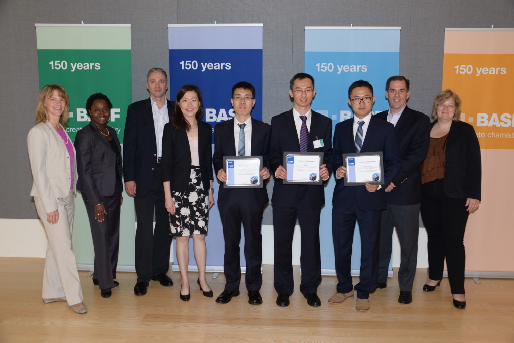 (Left to right) Charlene Wall-Warren (North America Director of Sustainability); Erika Peterman (VP Construction Materials); Mark Mielke (Senior Manager, Business Development, Aerospace); Yoong Kim (Manager, Open Innovation); Xiangcheng Sun (UConn CBE Ph.D. student); Kan Fu (UConn MSE PhD student); Wenxiao Huang (Wake Forest University Physics Ph.D. student); Dave Blackwood (VP Market and Customer Development); Anne Shim (Director of Technology, Quality and Upstream Procurement)