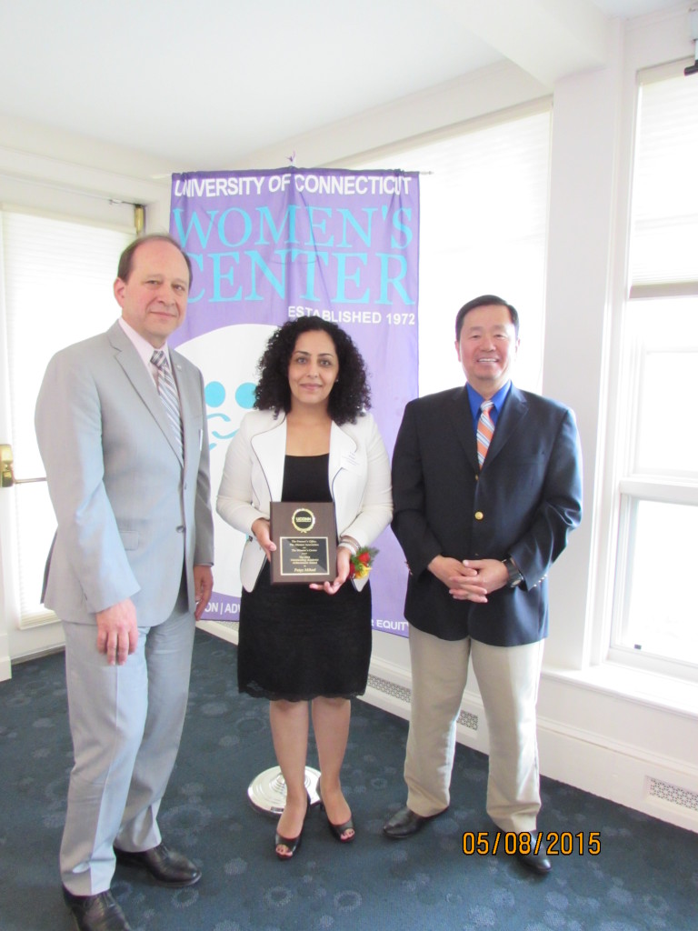(Left to Right) Dr. Kent Holsinger (Vice Provost for Graduate Education, Dean of the Graduate School, and EEB Professor), Paiyz Mikael (Outstanding Woman Scholar of the Graduate School), and Dr. Mun Choi (Provost and Executive Vice President for Academic Affairs) 