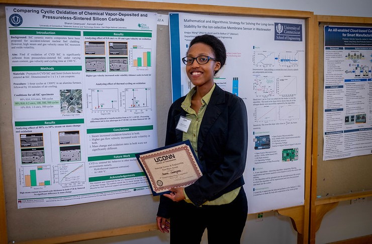 photo of Sharon Uwanyuze after being awarded the "Best in MSE Program" certificate by the School of Engineering during the 2020 Annual Poster Competition